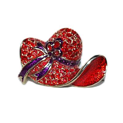 Bright RED HAT BROOCH (1½" x 1¼") with PURPLE Enameled Ribbon on a Gold Tone Setting