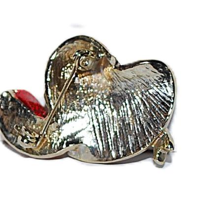 Bright RED HAT BROOCH (1½" x 1¼") with PURPLE Enameled Ribbon on a Gold Tone Setting
