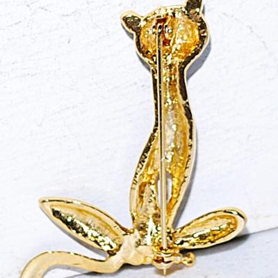 Stately BLACK CAT BROOCH (1¾" x 1½") with Clear Stones Eyes & Mouth and Gold Point Accents on a Gold Tone Setting