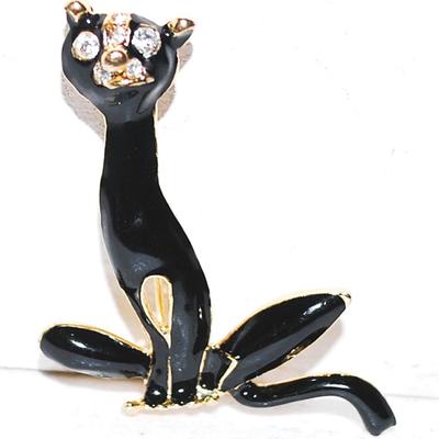 Stately BLACK CAT BROOCH (1¾" x 1½") with Clear Stones Eyes & Mouth and Gold Point Accents on a Gold Tone Setting