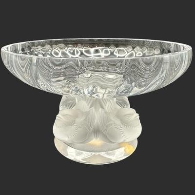 Lalique Crystal Pedestal Bowl with Frosted Bird Stem Nogent Pattern