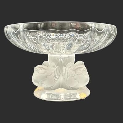 Lalique Crystal Pedestal Bowl with Frosted Bird Stem Nogent Pattern