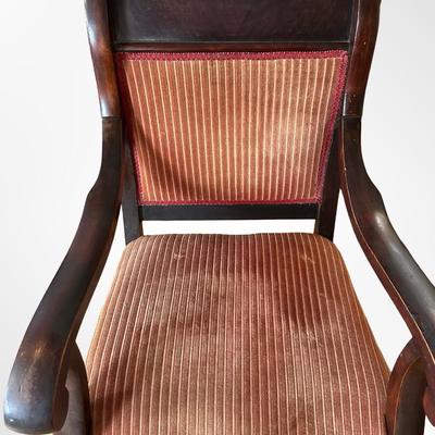 Antique Victorian Platform Rocker with Carved Arms and Upholstery