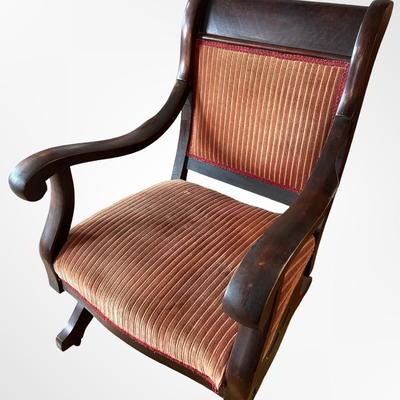 Antique Victorian Platform Rocker with Carved Arms and Upholstery