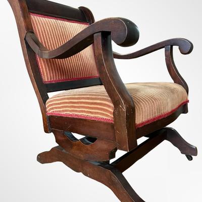 Antique Victorian Platform Rocker with Carved Arms and Upholstery