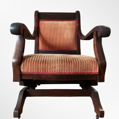 Antique Victorian Platform Rocker with Carved Arms and Upholstery