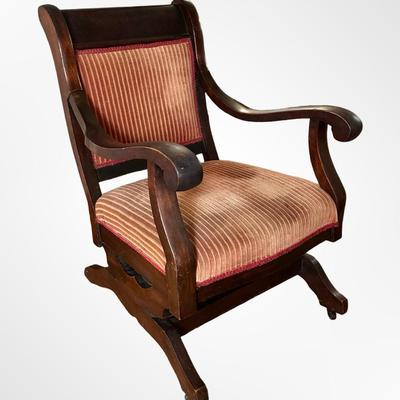 Antique Victorian Platform Rocker with Carved Arms and Upholstery