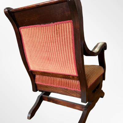 Antique Victorian Platform Rocker with Carved Arms and Upholstery
