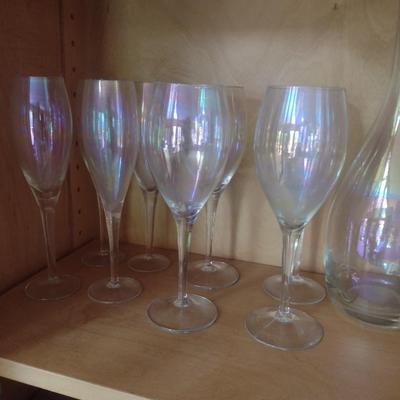 Collection of Opalescent Pitcher and Stemware