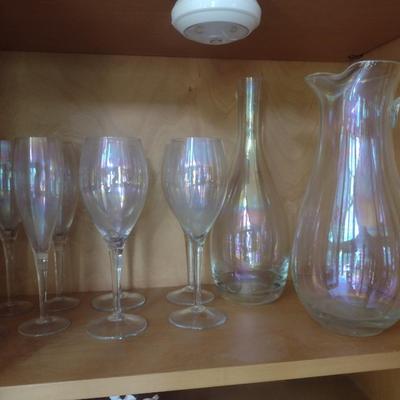 Collection of Opalescent Pitcher and Stemware