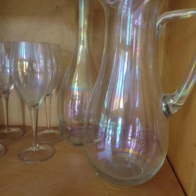 Collection of Opalescent Pitcher and Stemware