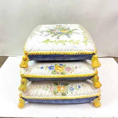 Sale Photo Thumbnail #1490: Ceramic and glazed Italian pottery depicting three stacked pillows , top pillow opens up for storage 
Measures: 22" wide x 17" deep x 14" high