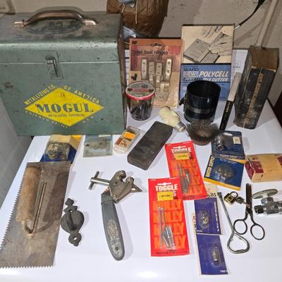 Large Lot of Vintage Tools, Hardware, and Mogul Metal Case