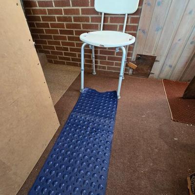 Adjustable Shower Chair with Backrest + Blue Non-Slip Bath Mat