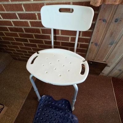 Adjustable Shower Chair with Backrest + Blue Non-Slip Bath Mat