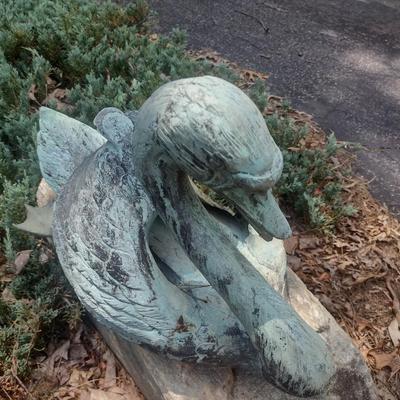 Cast Metal Swan Garden Decor with Beautiful Patina