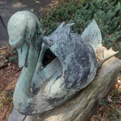 Cast Metal Swan Garden Decor with Beautiful Patina