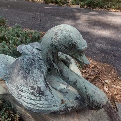 Cast Metal Swan Garden Decor with Beautiful Patina