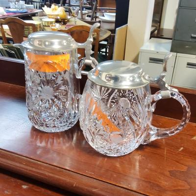 Sale Photo Thumbnail #62: Pair of cut crystal steins with pewter lids. Available for inspection during regular business hours, ask for Kelly or Anne