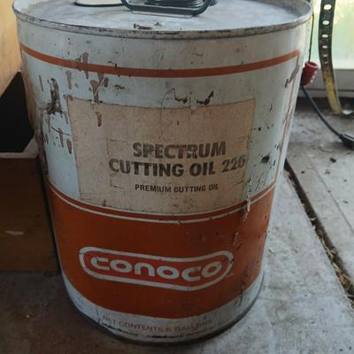 Vintage metal Conoco Oil Can & Wooden Drawer Lot and a stainless steel funnel