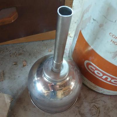 Vintage metal Conoco Oil Can & Wooden Drawer Lot and a stainless steel funnel