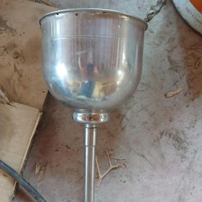 Vintage metal Conoco Oil Can & Wooden Drawer Lot and a stainless steel funnel