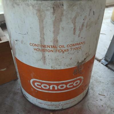 Vintage metal Conoco Oil Can & Wooden Drawer Lot and a stainless steel funnel
