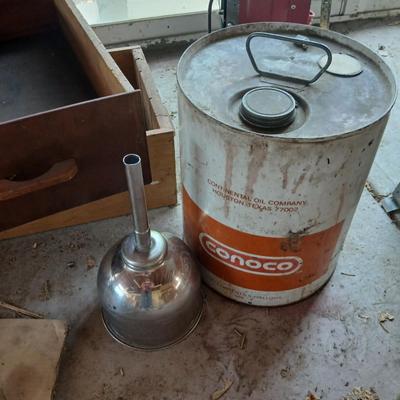 Vintage metal Conoco Oil Can & Wooden Drawer Lot and a stainless steel funnel