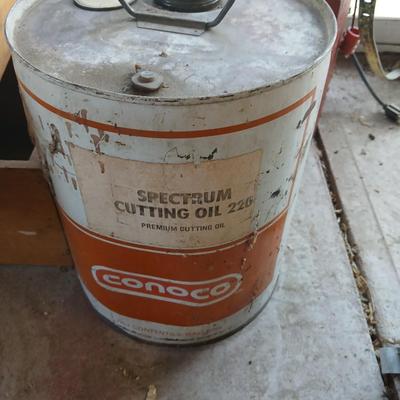 Vintage metal Conoco Oil Can & Wooden Drawer Lot and a stainless steel funnel