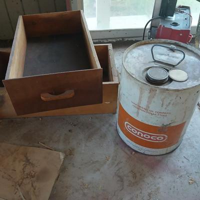 Vintage metal Conoco Oil Can & Wooden Drawer Lot and a stainless steel funnel