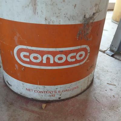 Vintage metal Conoco Oil Can & Wooden Drawer Lot and a stainless steel funnel