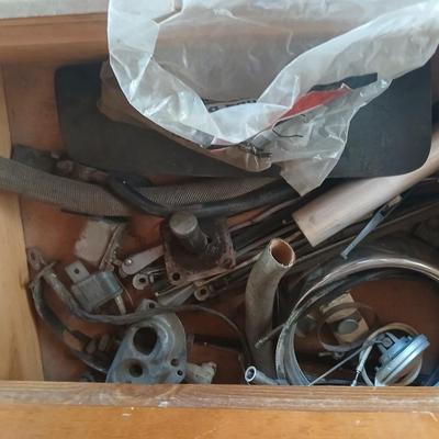 Drawers full of unknown car parts, wiring, exhaust, tubing, vintage speedometers and MUCH more