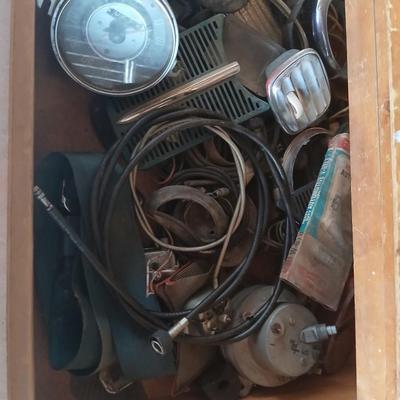 Drawers full of unknown car parts, wiring, exhaust, tubing, vintage speedometers and MUCH more