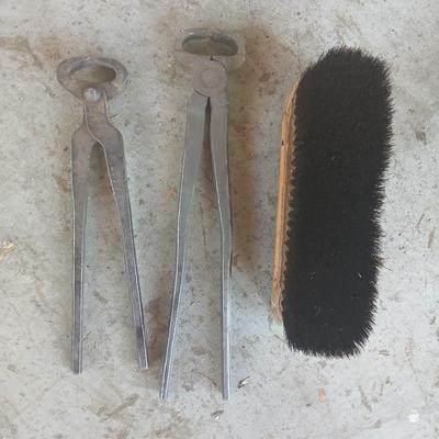 Pair of Vintage Farrier or Blacksmith Tongs and a brush