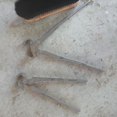 Pair of Vintage Farrier or Blacksmith Tongs and a brush