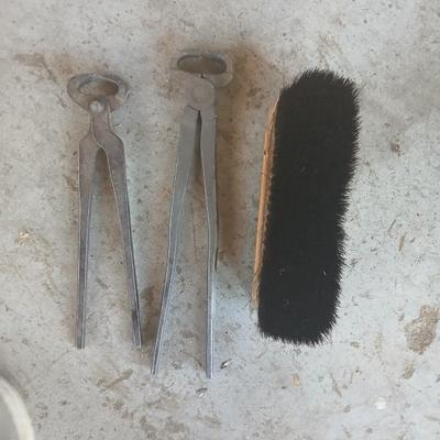 Pair of Vintage Farrier or Blacksmith Tongs and a brush