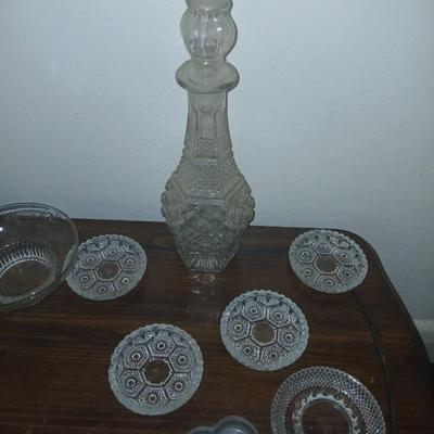 Pressed Glass Lot – Decanter, Dishes & Trinket Trays