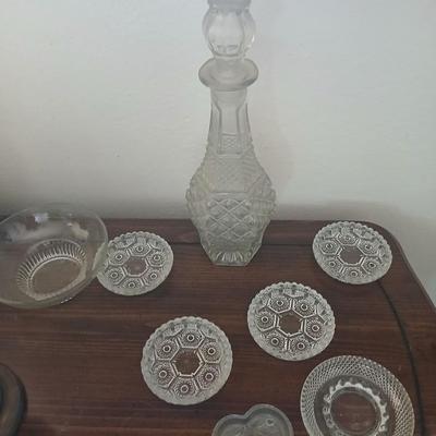 Pressed Glass Lot – Decanter, Dishes & Trinket Trays