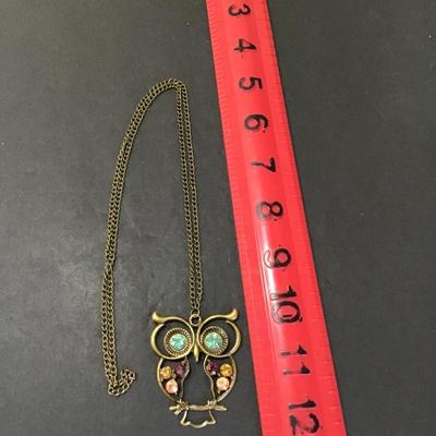 Gold tone, owl fashion, statement, necklace with multi colored rhinestones stones
