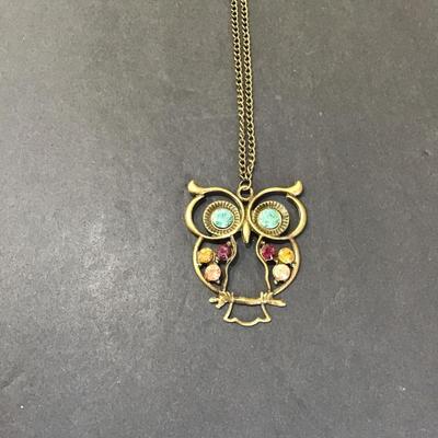 Gold tone, owl fashion, statement, necklace with multi colored rhinestones stones