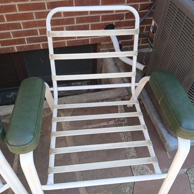 Pair of Vintage Metal Patio Chairs – White Frames with Green Arm Pads - and a Rubber Welcome Mat