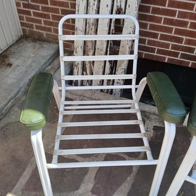 Pair of Vintage Metal Patio Chairs – White Frames with Green Arm Pads - and a Rubber Welcome Mat