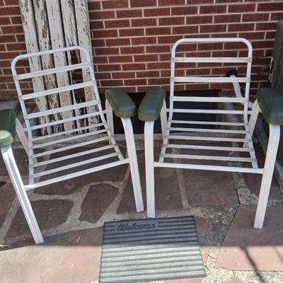 Pair of Vintage Metal Patio Chairs – White Frames with Green Arm Pads - and a Rubber Welcome Mat