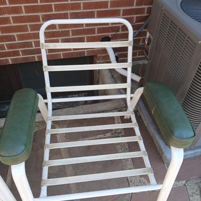 Pair of Vintage Metal Patio Chairs – White Frames with Green Arm Pads - and a Rubber Welcome Mat