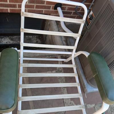 Pair of Vintage Metal Patio Chairs – White Frames with Green Arm Pads - and a Rubber Welcome Mat