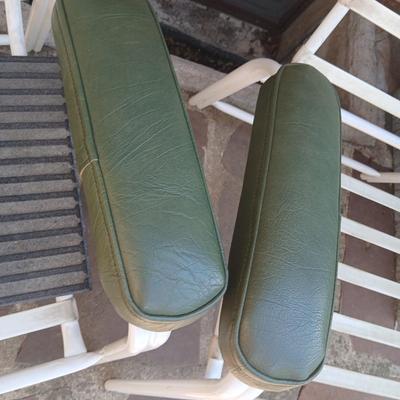 Pair of Vintage Metal Patio Chairs – White Frames with Green Arm Pads - and a Rubber Welcome Mat