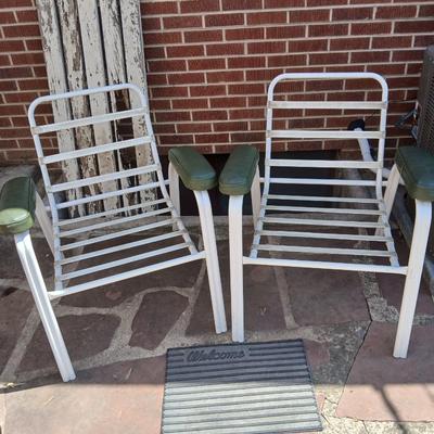 Pair of Vintage Metal Patio Chairs – White Frames with Green Arm Pads - and a Rubber Welcome Mat