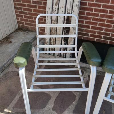 Pair of Vintage Metal Patio Chairs – White Frames with Green Arm Pads - and a Rubber Welcome Mat