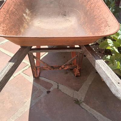 Vintage Heavy-Duty Steel Wheelbarrow – Rustic Orange with Wooden Handles - Good tire!
