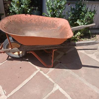 Vintage Heavy-Duty Steel Wheelbarrow – Rustic Orange with Wooden Handles - Good tire!